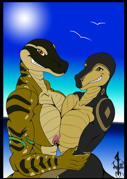 anthro areola beach big_breasts black_border border breast_squish breasts breasts_frottage brown_eyes close_nipples day duo female female/female grin huge_breasts looking_at_viewer nipple_piercing nipples non-mammal_breasts non-mammal_nipples nude outside piercing seaside side_view sky smile squish stripes sun teeth skyder reptile scalie snake 2016 absurd_res hi_res