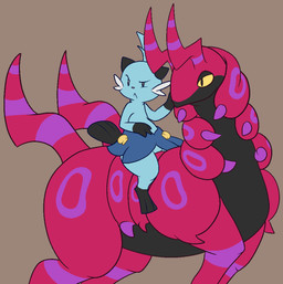 ambiguous_gender duo feral grey_eyes mount riding scalchop simple_background yellow_eyes aintsmart nintendo pokemon arthropod dewott generation_5_pokemon myriapod pokemon_(species) scolipede 2012 aliasing digital_media_(artwork)
