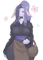 anthro apron blush bouncing_breasts breasts choker clothed clothing eyes_closed female female_anthro floppy_ears flower fur hair handbag huge_hips jewelry kemono long_hair necklace plant ponytail purple_hair simple_background solo walking white_background white_body white_fur wide_hips healingpit rikose bovid caprine mammal sheep 2022 2d_animation animated digital_media_(artwork) loop motion_tweening no_sound portrait short_playtime three-quarter_portrait webm