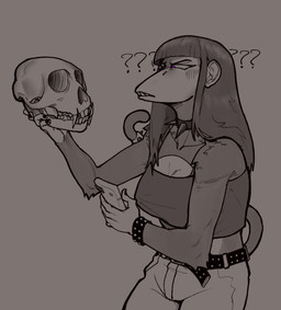 5_fingers accessory alternative_fashion anthro arm_tuft bangs bared_teeth belt bone bottomwear bracelet brown_background camisole cellphone clothed clothing collar elbow_tuft electronics female fingers furgonomics goth hair holding_cellphone holding_object holding_phone holding_skull holding_smartphone jewelry long_hair pants phone pointy_breasts purple_eyes question_mark selective_coloring shoulder_tuft simple_background skull smartphone solo spiked_collar spiked_tailband spikes studded_belt studded_bracelet studded_jewelry studs tail tail_accessory tailband teeth tuft zytkal beth_(redustheriotact) haplorhine mammal monkey primate 2025 hi_res monochrome