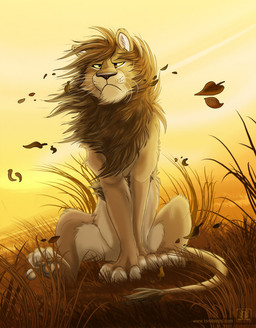 feral fur grass grumpy looking_at_viewer male outside plant solo wind conditional_dnp tani_da_real felid lion mammal pantherine 2014