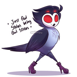4_eyes beak black_body black_feathers boots chest_tuft clothed clothed_feral clothing empty_eyes feathers feral feralized fishnet_stockings footwear grey_body grey_feathers high_heeled_boots high_heels male multi_eye purple_boots purple_clothing purple_footwear red_eyes shoes simple_background smile solo strutting tail tail_feathers text tuft white_background wings norithelord hellaverse helluva_boss stolas_(helluva_boss) avian bird demon owl owl_demon 1:1 2021 english_text