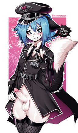 abstract_background anthro balls belt big_tail black_clothing black_jacket black_topwear blue_hair blush bone bottomless cloak clothed clothing erection eyebrows eyelashes facial_markings femboy fingerless_gloves fishnet_clothing fishnet_legwear fluffy fluffy_ears fur gender_symbol genitals gloves hair handwear hat head_markings headgear headwear humanoid_genitalia humanoid_penis jacket leather legwear looking_at_viewer male male_symbol markings military military_cap military_uniform multicolored_body multicolored_fur necktie penis sex_toy shirt skull skull_and_crossbones smile smiling_at_viewer solo symbol tail text topwear tunic uniform whip white_body white_clothing white_fur white_shirt white_topwear conditional_dnp tweenstrip moisha_(tweenstrip) absurd_res german_text hi_res translated