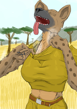 anthro big_breasts breasts breath clothed clothing eyes_closed female panting solo standing devarg kriss_(devarg) hyena mammal spotted_hyena absurd_res hi_res