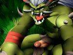 bottomwear clothing ear_piercing erection fangs genitals grass green_body hair loincloth male muscular muscular_male nipples penis piercing plant sharp_teeth solo standing teeth tongue tongue_out white_hair joojoo bandai_namco digimon digimon_(species) ogremon 4:3