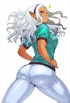 accessory alternative_fashion big_butt butt clothed clothing dark_body dark_skin female gyaru hair hand_on_hip headband humanoid_pointy_ears j-fashion legwear looking_at_viewer looking_back markings mole_(marking) not_furry open_mouth panty_lines simple_background solo standing thigh_highs white_background white_hair synecdoche plus-sized_elf kuroeda_(plus-sized_elf) dark_elf elf humanoid mammal hi_res