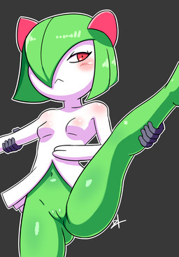 blush breasts butt featureless_breasts female genitals legs_up looking_at_viewer nude pokemorph small_breasts solo spread_legs spreading vulva disfigure nintendo pokemon generation_3_pokemon humanoid kirlia pokemon_(species) 2015
