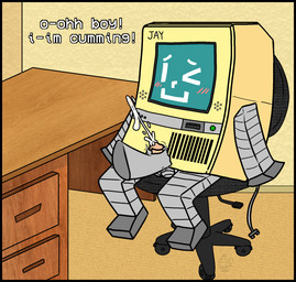 balls black_border blush blush_lines bodily_fluids border chair computer cum desk disembodied_hand electronics furniture genital_fluids genitals handjob humanoid_genitalia humanoid_penis machine male penile penis sex smile solo table tail conditional_dnp muffinlewds guzytracks more_than_nostalgia computer_jay animate_inanimate digital_creature robot robot_anthro digital_media_(artwork) hi_res