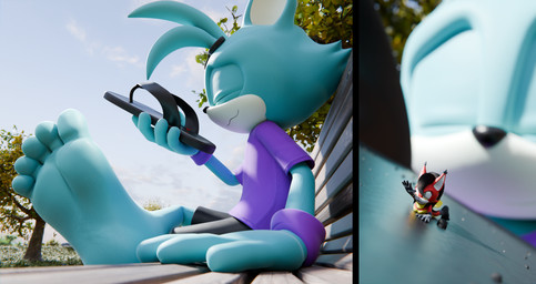 5_toes anthro barefoot bench blue_body clothing duo extreme_size_difference feet female flip_flops foot_fetish foot_focus foot_play footwear male male/female micro park park_bench sandals shoe_sniffing shoes size_difference sniffing sniffing_clothes soles toes feetymcfoot sega sonic_the_hedgehog_(series) fan_character leo_(feetymcfoot) felid feline mammal 3d_(artwork) absurd_res digital_media_(artwork) hi_res