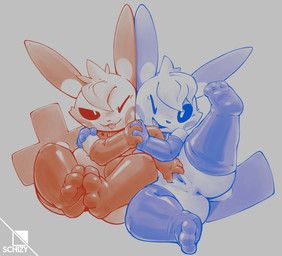 3_toes anthro anus armwear clothing collar cute_fangs duo elbow_gloves fangs feet female female/female genitals gloves grey_background hand_holding handwear legwear looking_at_viewer mostly_nude presenting presenting_vulva simple_background smile spread_vulva spreading teeth thigh_highs toes tongue tongue_out vulva schizy nintendo pokemon generation_3_pokemon minun plusle pokemon_(species) hi_res