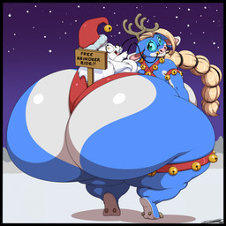 alternate_species anthro antlers bell big_butt black_border blonde_hair blue_body blue_fur border bubble_butt butt christmas_clothing christmas_headwear clothing duo eyewear fur hair hat headgear headwear holidays horn huge_butt hyper hyper_butt male multicolored_body multicolored_fur open_mouth ponytail santa_hat sign snow sunglasses text text_on_sign two_tone_body two_tone_fur white_body white_fur white_hair deonwolf christmas aero_vonheart deon_(deonwolf) canid canine canis deer mammal new_world_deer reindeer wolf 1:1 2025 digital_media_(artwork) english_text hi_res