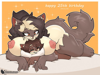 age_difference anthro bed big_breasts birthday blush breasts duo ear_piercing ear_ring eyewear female femboy fluffy fluffy_tail furniture glasses highlights_(coloring) huge_breasts male male/female mature_female nipples nude on_bed on_top piercing pillow ring_piercing sharp_teeth size_difference smothering tail teeth text marcus_gray fio_(marcus_gray) fiona_(marcus_gray) felid mammal 4:3 english_text signature incest_(lore) mother_(lore) mother_and_child_(lore) mother_and_son_(lore) parent_(lore) parent_and_child_(lore) parent_and_son_(lore) son_(lore)