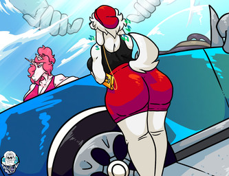 anthro beanie black_clothing black_shirt black_tank_top black_topwear bottomwear breasts butt car clothing convertible detailed_background disembodied_hand duo female fur hair hat headgear headwear listening_to_music pink_clothing pink_hair pink_shirt pink_tank_top pink_topwear red_bottomwear red_clothing red_shorts shirt shorts tail tank_top thick_thighs topwear vehicle white_body white_fur white_hair white_tail cantonmesh abbie_nox_(cantonmesh) sasha_berkele_(cantonmesh) canid canine equid equine mammal digital_media_(artwork) hi_res