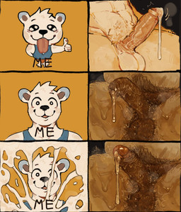anthro balls black_pubes bodily_fluids chibi clothing constricted_pupils cum cum_drip cum_on_leg dirty dripping erection foreskin genital_fluids genital_focus genital_shot genitals gesture hand_gesture happy humanoid_genitalia humanoid_penis long_foreskin male partially_retracted_foreskin penis penis_focus penis_shot pubes pupils retracted_foreskin shirt small_pupils standing surprised tank_top thumbs_up tight_foreskin tongue tongue_out topwear vein veiny_muscles fanofthefurr bear mammal comic meme