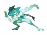 ambiguous_gender eyes_closed feral pose smile solo bluekomadori nintendo pokemon amphibian frogadier generation_6_pokemon pokemon_(species) 2016 hi_res