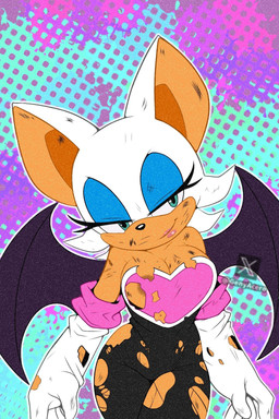 anthro areola blue_eyeshadow bottomwear breasts cleavage clothed clothing curvy_figure eyeshadow female fur gloves green_eyes handwear lipstick makeup pink_lipstick scuff_marks solo topwear torn_bottomwear torn_clothing torn_gloves torn_handwear torn_topwear white_body white_fur wings genyacero sega sonic_the_hedgehog_(series) rouge_the_bat bat mammal 2026 2:3 hi_res