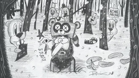 ambiguous_gender banana_peel bear_trap beard buckteeth clothed clothing coat coonskin_cap facial_hair feral footprint group hat headgear headwear looking_at_another male mustache open_mouth plant snow snowing sound_effects stuck_in_ground stuck_in_snow teeth topwear trap_(contrivance) tree ramicaorlin cc-by-nc-nd creative_commons hundreds_of_beavers jean_kayak avian beaver bird human mammal picid rodent woodpecker 2024 absurd_res greyscale hi_res monochrome shaded