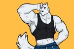 anthro armpit_hair blush body_hair clothing dark_clothing male midriff muscular muscular_anthro muscular_male raised_arm shirt simple_background solo tank_top topwear dynogreeno largo_(dynogreeno) canid canine canis mammal wolf hi_res