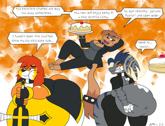 anthro belly big_belly cake dessert dinosar fat_belly feederism feeding female food force_feeding forced fur grey_body grey_skin huge_belly male orange_body orange_fur pastor stuffing text dirtymac canid canine canis demon dinosaur domestic_cat domestic_dog dromaeosaurid felid feline felis mammal prehistoric_species reptile saurischian scalie theropod absurd_res english_text hi_res