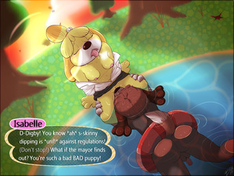 anthro big_butt black_nose blush bodily_fluids breasts brown_body brown_fur butt claws clothing cunnilingus duo eyes_closed female flotation_device fraternal_twins fur genitals intraspecies male male/female nude oral outside penis plant pond public saliva sex skinny_dipping slightly_chubby sunset swimming text thick_thighs tongue tongue_out tree undressed vaginal vulva wet yellow_body yellow_fur bourbon_(artist) animal_crossing nintendo digby_(animal_crossing) isabelle_(animal_crossing) canid canine canis domestic_dog mammal shih_tzu toy_dog 4:3 english_text brother_(lore) brother_and_sister_(lore) incest_(lore) sibling_(lore) sister_(lore) twincest_(lore) twins_(lore)