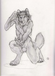 animal_genitalia anthro balls clothing disc_jockey electronics genitals headphones kerchief looking_at_viewer male nude sheath simple_background solo tail white_background dark_natasha lupine_assassin canid canine canis mammal wolf 2010 greyscale monochrome signature