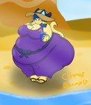 anthro beach belly belly_squish belt beverage big_belly big_breasts blue_belt blue_bow blue_ears blue_eyeshadow blue_hair blue_inner_ear blue_nose breasts brown_clothing brown_footwear brown_hat brown_headwear brown_sandals clothing digit_ring dress drinking_straw eyelashes eyeshadow feet female footwear hair hand_on_face hand_on_own_face hat headgear headwear holding_beverage holding_object huge_belly hyper hyper_belly jewelry makeup obese obese_anthro obese_female outside overweight overweight_anthro overweight_female purple_clothing purple_dress ring sandals sea shoes smile solo squish sun_hat tail thick_thighs toe_ring toes water wristband yellow_body yellow_tail citrusbunny17 fan_character pita_(citrusbunny17) domestic_cat felid feline felis mammal 2024 absurd_res colored digital_media_(artwork) hi_res shaded