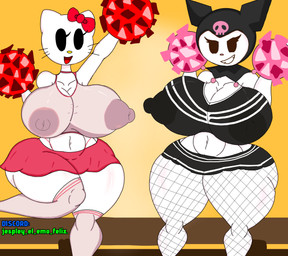 anthro big_breasts black_eyes bottomwear bow_ribbon breasts cheerleader cheerleader_outfit cheerleading_pose clothing duo female huge_breasts nipple_outline nipples pom_poms shirt skirt smile thick_thighs topwear whiskers white_body wide_hips jespleyemofeliz hello_kitty_(series) onegai_my_melody sanrio hello_kitty_(character) kuromi demon domestic_cat felid feline felis lagomorph leporid mammal rabbit absurd_res hi_res