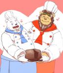 anthro cake candy chef_hat chocolate clothed clothing dessert duo food fur hat headgear headwear heart_symbol male one_eye_closed overweight overweight_male white_body white_fur wink maron2475 utau giga_lacan shirane_kan bear felid lion mammal pantherine polar_bear ursine 2017