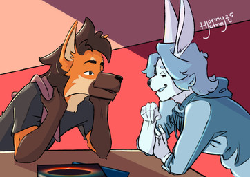 anthro clothed clothing duo ears_up furniture hair male male/male record table vinyl_record hornyjohnnyart boobeminecomic canid canine canis fox ghost lagomorph leporid mammal rabbit spirit wolf absurd_res hi_res