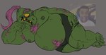 anthro belly body_hair briefs bulge chest_hair clothing eyebrows green_body hair hairy happy_trail male mature_male moobs nipple_piercing nipples overweight piercing pink_hair ponytail solo thick_eyebrows underwear ttrashcatt deltarune undertale_(series) gerson reptile scalie turtle