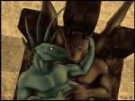 2008 4:3 agro_antirrhopus_(character) agroalba anthro brown_body brown_scales chair comic cuddling digital_media_(artwork) dinosaur dorsal_ridge dragon duo eyes_closed furniture green_body green_scales licking male male/male mythological_creature mythological_scalie mythology prehistoric_species red_eyes reptile romantic romantic_couple scales scalie segremores simple_background textured_background throne tongue tongue_out wings