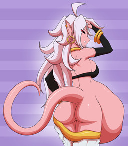 belly big_belly bracelet breasts butt clothing ear_piercing ear_ring female female_pred hair hoop_ear_ring humanoid_pred jewelry long_hair looking_back not_furry piercing pink_body ring_piercing solo vore white_hair starcrossing dragon_ball dragon_ball_fighterz android_21 majin_android_21 humanoid