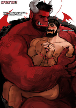 2_horns abs beard duo facial_hair fangs horn male male/male muscular muscular_humanoid muscular_male nipples pecs red_body red_skin size_difference teeth dopq demon human humanoid mammal hi_res