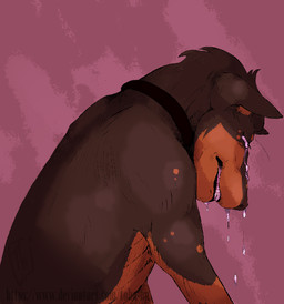 anthro athletic athletic_anthro athletic_male bodily_fluids brown_body brown_fur brown_hair brown_nose brown_skin bustshot clothed clothing collar crying eyes_closed frown fur hair hunched_over male simple_background solo standing tears teeth topless topless_anthro topless_male tohaha kain_vanderhilt canid canine canis dobermann domestic_dog mammal pinscher 2023 colored digital_drawing_(artwork) digital_media_(artwork) shaded