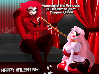 3_toes 5_fingers abs anthro bed big_breasts blush boots bound breast_size_difference breasts butt chain chained claws clothing collar curtains curtains_open detailed_background dialogue duo feet female fingers footwear furniture hair heart_eyes heart_symbol high_heeled_boots high_heels holiday_message huge_breasts legwear muscular muscular_anthro muscular_female pillow shoes text toes mrmelted hazbin_hotel hellaverse helluva_boss charlie_morningstar octavia_(helluva_boss) avian avian_demon bird humanoid owl owl_demon 2023 4:3 absurd_res english_text hi_res
