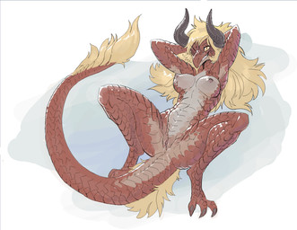 anthro blonde_hair bodily_fluids breasts female genital_fluids genitals hair horn lying medium_breasts navel nipples non-mammal_breasts non-mammal_navel non-mammal_nipples on_back one_eye_closed red_body red_scales scales simple_background solo spread_legs spreading tail tail_tuft tuft vaginal_fluids ventral_scales vulva tealtentacles_(artist) mythology grill_(tealtentacles) dragon mythological_creature mythological_scalie scalie wingless_dragon 2022 colored digital_media_(artwork)