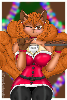 anthro christmas_clothing clothed clothing cookie dress ear_piercing ear_ring female food holding_food holding_object holidays milk one_eye_closed piercing ring_piercing sitting solo wink crackstantin christmas nintendo pokemon canid canine fox generation_1_pokemon mammal pokemon_(species) vulpix 2:3 absurd_res hi_res