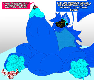 3_toes anthro balls big_balls big_breasts big_feet big_penis blue_body blue_fur blue_hair breasts claws cock_vore cybernetics duo erection feet female fur genitals grin gynomorph gynomorph/female hair huge_balls huge_penis hyper hyper_balls hyper_genitalia hyper_penis intersex intersex/female long_tail machine penile penis protogen_visor smile speech_bubble spread_legs spreading tail text toes vore yellow_eyes sokoyo_owo starry_(sokoyo_owo) canid canine cyborg mammal protogen english_text hi_res