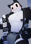 absurd_res anthro belt big_bulge bulge clothing condom cydonia_xia domestic_cat epic_games felid feline felis fortnite gun heart_symbol hi_res jockstrap male mammal meowscles meowscles_(toon) muscular muscular_anthro muscular_male nipple_piercing nipple_ring nipples overmuscle piercing ranged_weapon ring_piercing sexual_barrier_device simple_background solo underwear weapon