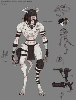 abs anthro armor biped bottomwear claws clothed clothing crouching digitigrade feet green_lens gun hair headgear helmet jewelry laser_sight loincloth male muscular muscular_anthro muscular_male navel necklace nipples pecs ranged_weapon shotgun simple_background solo submachine_gun tail teeth thigh_pouch toe_claws toes topless weapon white_body wraps lethal_doors mohrta demon scalie digital_media_(artwork) hi_res model_sheet official_art