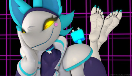 anthro barefoot black_body blue_collar blue_ears blue_hair blue_nails blue_tail blue_toenails blush butt claws clothing collar colored_nails electrical_plug electrical_plug_tail eyelashes feet female foot_focus gloves hair hand_on_cheek hand_on_head handwear humanoid_feet nails no_pupils plantigrade smile soles solo tail toe_claws toenails toes white_clothing white_feet white_toes wrinkled_feet wrinkles yellow_eyes kiaragardevoir cryptiacurves_(modeler) deltarune undertale_(series) tasque_manager felid feline mammal 3d_(artwork) absurd_res digital_media_(artwork) hi_res