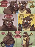 anthro athletic_wear brown_hair dialogue duo erection genitals gym hair locker_room male male/male name_in_dialogue nipples penis pubes speech_bubble nanoff suarez_(nanoff) walter_rossi_(nanoff) hyena mammal suid suine sus_(pig) wild_boar comic hi_res