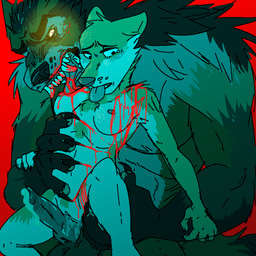 animal_genitalia animal_penis anthro balls bite_mark blood bodily_fluids canine_genitalia canine_penis claw_marks claws dominant dominant_male duo erection female genitals knot knotted_penis larger_male licking male male/female penis questionable_consent size_difference submissive submissive_female tongue tongue_out vaginal barkinbin canid mammal werecanid werecreature 1:1