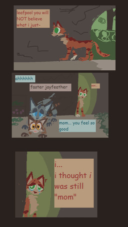 brown_body brown_fur detailed_background dialogue duo female feral feral_on_feral forest fur grey_body grey_fur group male male/female narrowed_eyes orange_body orange_fur plant sex shrub smile text tree trio demensa warriors_(book_series) ashfur_(thunderclan) jayfeather_(warriors) leafpool_(warriors) squirrelstar_(warriors) domestic_cat felid feline felis mammal 2024 absurd_res comic english_text hi_res incest_(lore) mother_(lore) mother_and_child_(lore) mother_and_son_(lore) parent_(lore) parent_and_child_(lore) parent_and_son_(lore) sibling_(lore) sister_(lore) sisters_(lore) son_(lore)