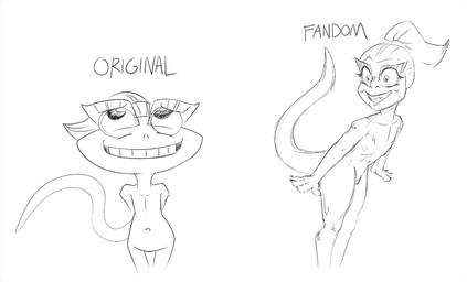 adolescent anthro comparison female flat_chested hair looking_away navel nude open_mouth ponytail side_by_side simple_background solo text toothy_smile white_background young young_anthro young_female drawfug_01 dreamworks lizzie_green_(dreamworks) lizard reptile scalie black_and_white english_text hi_res monochrome