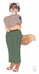 anthro big_breasts blue_hair bottomwear breasts brown_body brown_fur clothed clothing curly_hair female fur green_bottomwear green_clothing green_pants grey_clothing grey_topwear hair narrowed_eyes pants pink_eyes simple_background solo standing tan_body tan_fur topwear white_background milk-jug full-length_portrait portrait