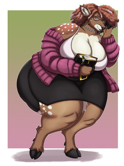anthro big_breasts big_butt bottomwear breasts butt cardigan choker clothing female glass hooves jewelry necklace skirt solo thick_thighs wide_hips noryega deer mammal 3:4 hi_res