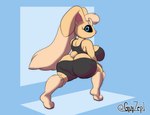 anthro big_breasts big_butt blue_eyes bottomwear breasts butt butt_cleavage clothed clothing female looking_back scut_tail short_tail shorts solo tail guyzep nintendo pokemon generation_4_pokemon lopunny pokemon_(species) hi_res