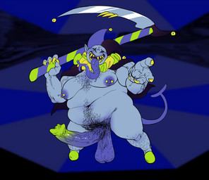 balls belly belly_hair big_belly big_moobs big_penis body_hair chest_hair claws darkened_balls darkened_genitalia darkened_penis deep_navel erection finger_claws genitals hairy_balls huge_penis jester jevilsknife long_tongue male melee_weapon montgomery_glands moobs musclegut muscular navel nipple_piercing nipples overweight overweight_male penis piercing polearm pubes saggy_balls scythe sharp_teeth solo teeth tongue tongue_out unusual_anatomy unusual_genitalia unusual_penis vein veiny_penis weapon huntermsmut deltarune undertale_(series) jevil_(deltarune) darkner demon humanoid imp hi_res