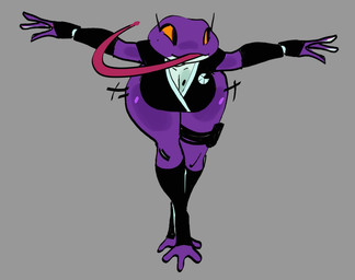 3_fingers 3_toes anthro armwear black_armwear black_clothing black_legwear black_topwear breasts cleavage clothed clothed_anthro clothed_female clothing feet female female_anthro fingers front_view grey_background legwear long_tongue looking_aside markings mole_(marking) mole_on_breast mole_under_eye non-mammal_breasts orange_sclera pink_tongue purple_body simple_background solo thick_thighs thigh_pouch toes tongue topwear mooncheese kama_(mooncheese) amphibian frog 2025 digital_drawing_(artwork) digital_media_(artwork)